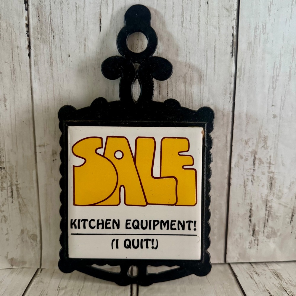 Vintage Enesco Cast Iron Ceramic Trivet SALE Kitchen Equipment I QUIT Humorous